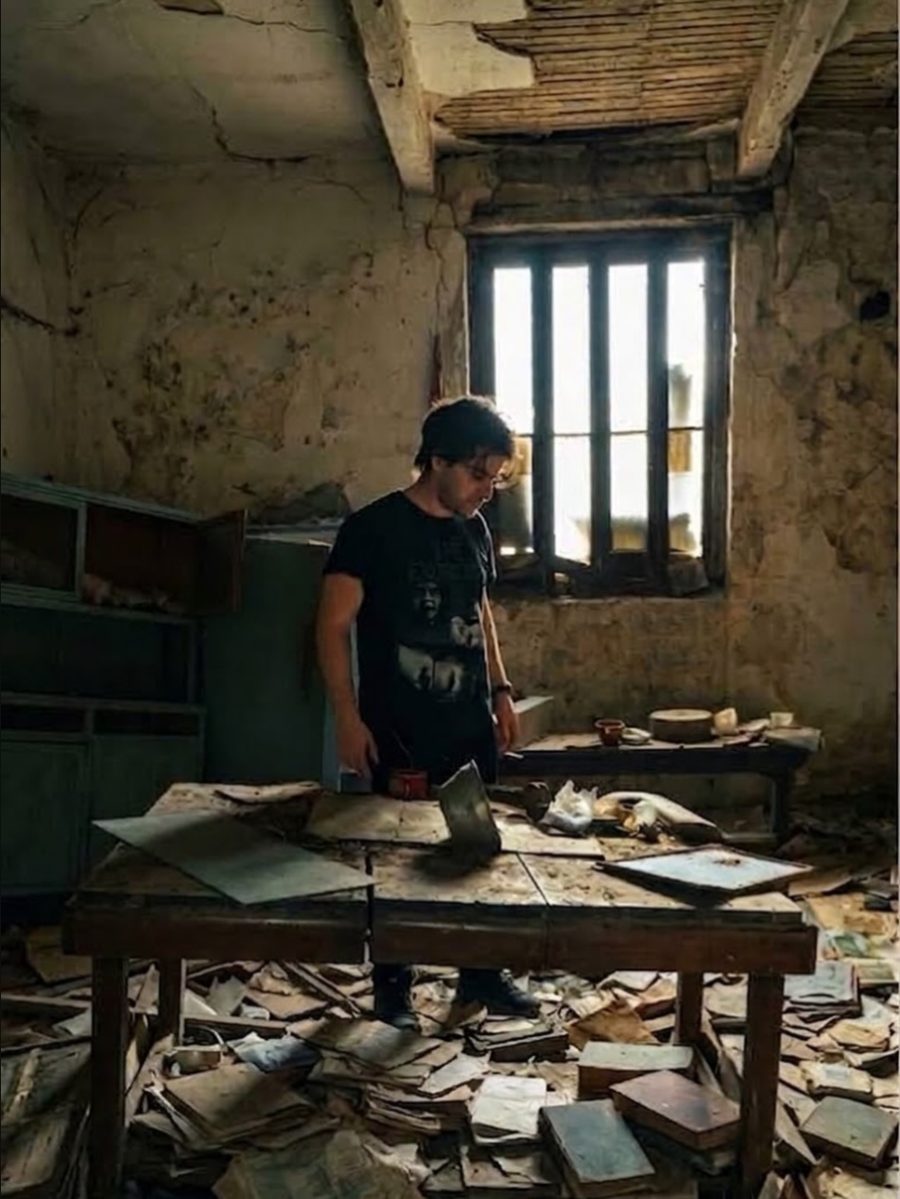 Nicolás revisando papeles y libros abandonados en una habitación en ruinas